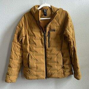 Mountain Hardware Stretchdown hooded jacked in mustard yellow, size M